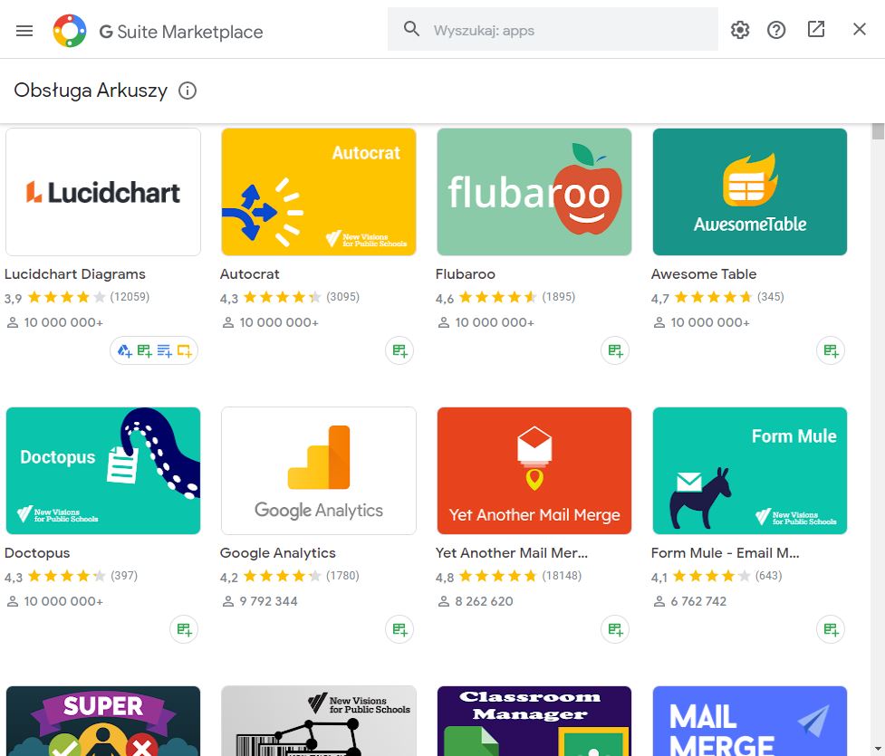 G Suite Marketplace obsługa Arkusz Google
